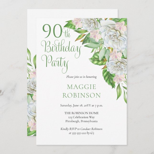 Elegant White Roses | Orchids 90th Birthday Party Invitation (Front/Back)