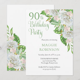 Elegant White Roses Orchids 90th Birthday Party Invitation