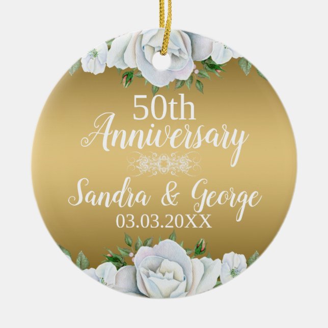 Elegant White Roses Over Gold Background Ceramic Ornament (Front)