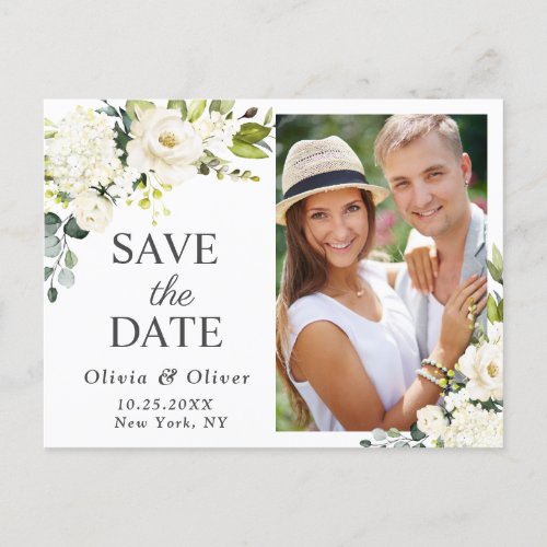 Elegant White Roses PHOTO Wedding Save the Date Announcement Postcard