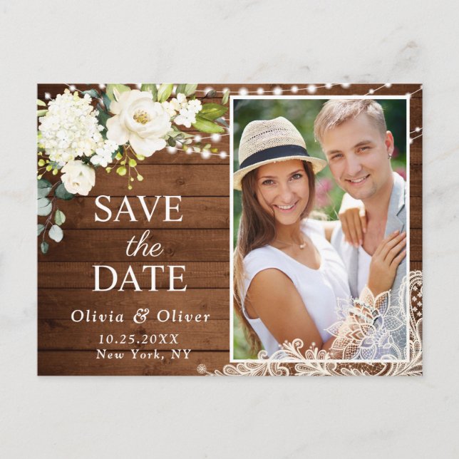 Elegant White Roses PHOTO Wedding Save the Date Postcard (Front)
