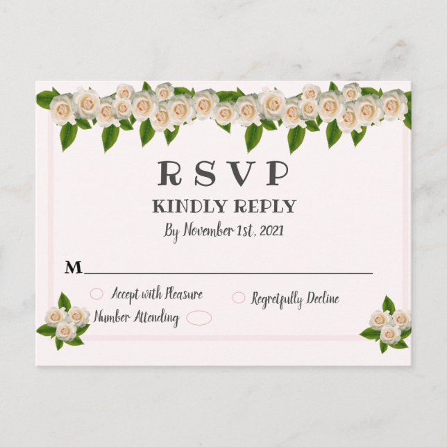 Elegant White Roses Pink Blush RSVP Postcard (Front)