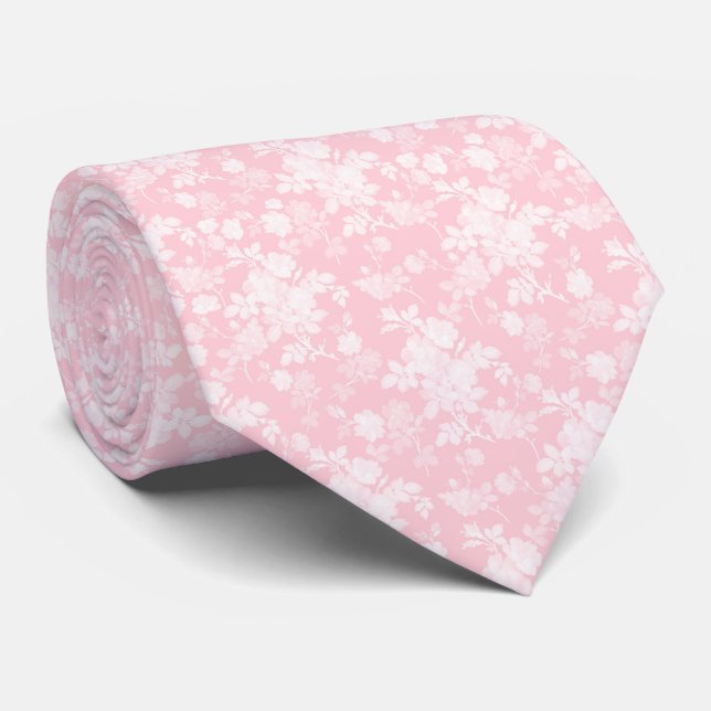 Elegant White Roses Pink Floral Neck Tie (Rolled)