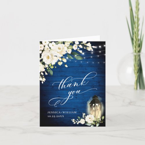 Elegant White Roses Royal Blue Wood Lantern Thank You Card