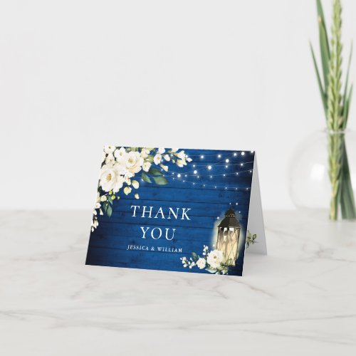 Elegant White Roses Royal Blue Wood Lantern Thank You Card