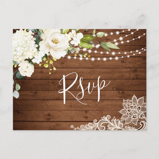 Elegant White Roses Rustic Wedding RSVP Card (Front)