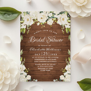 Elegant White Roses Rustic Wood Bridal Shower Invitation