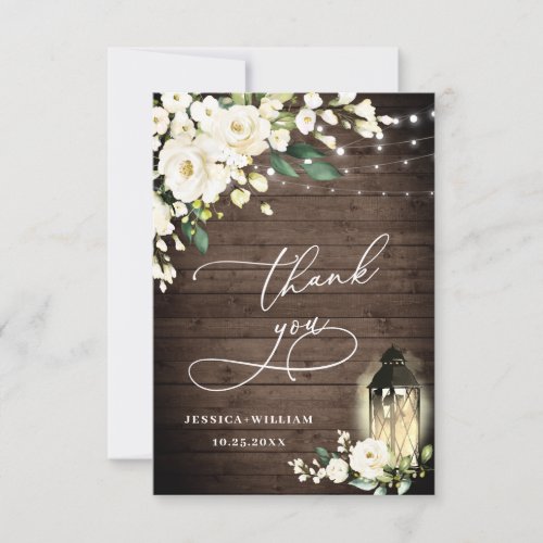 Elegant White Roses Rustic Wood Lantern Thank You Card