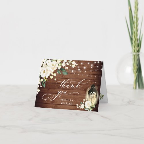 Elegant White Roses Rustic Wood Lantern Thank You Card