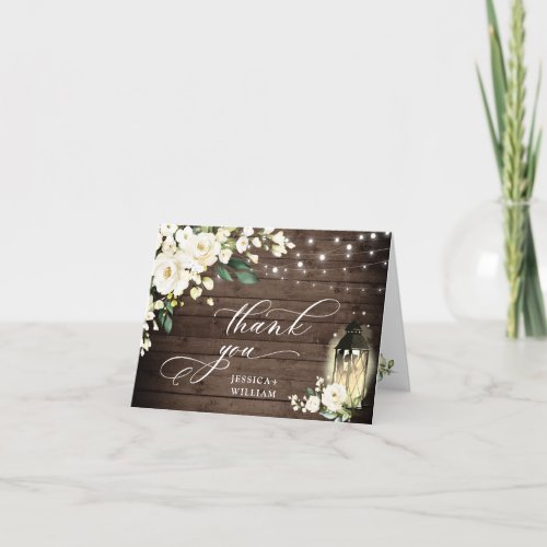 Elegant White Roses Rustic Wood Lantern Thank You Card