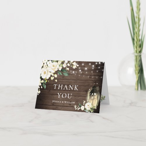 Elegant White Roses Rustic Wood Lantern Thank You Card