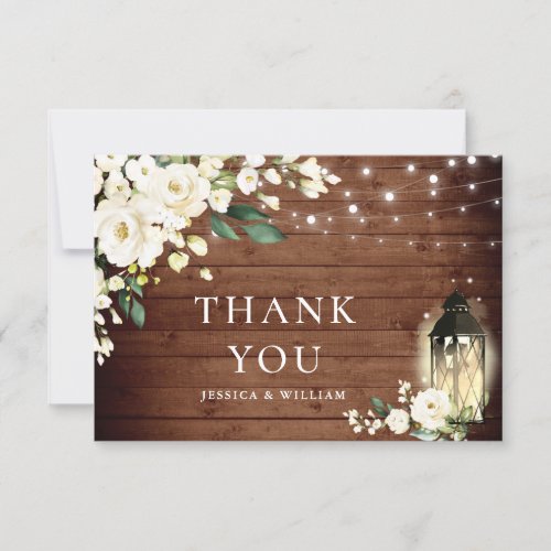 Elegant White Roses Rustic Wood Lantern Thank You Card