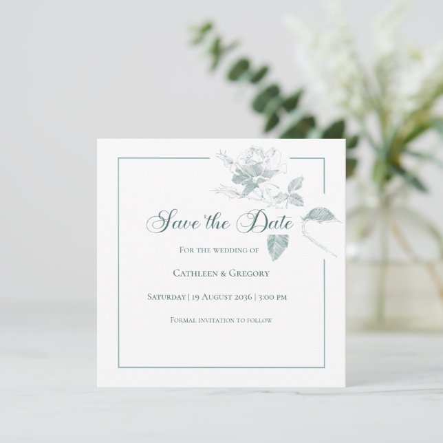 Elegant White Roses Sage Green Floral Wedding Save The Date (Standing Front)