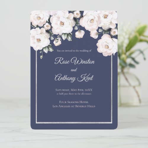 Elegant White Roses Silver Frame Purple Wedding Invitation