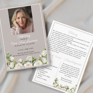 Elegant White Roses Taupe Funeral Folded Program