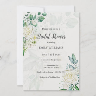 Elegant White Roses Watercolor Bridal Shower Invitation