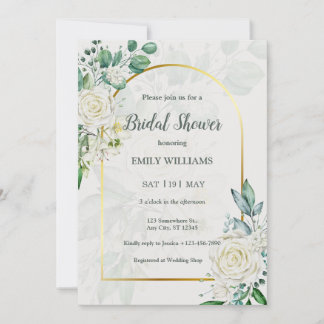 Elegant White Roses Watercolor Bridal Shower Invitation