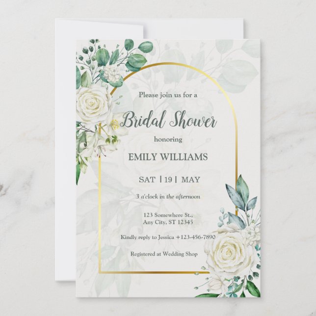 Elegant White Roses Watercolor Bridal Shower Invitation (Front)