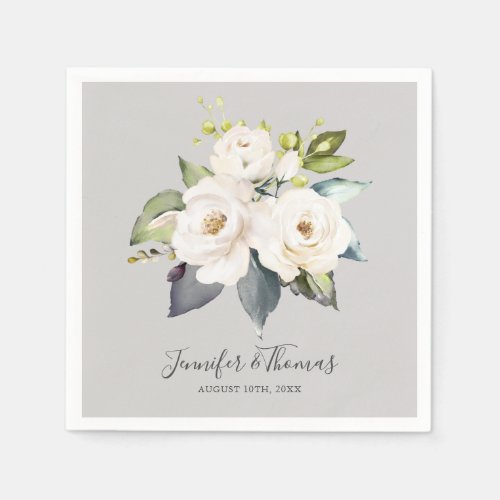 Elegant White Roses Watercolor Floral Wedding Napkins