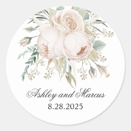 Elegant White Roses Watercolor Wedding Classic Round Sticker