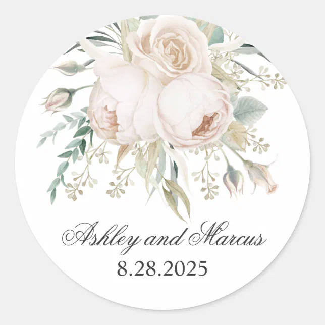 Elegant White Roses Watercolor Wedding Classic Round Sticker | Zazzle