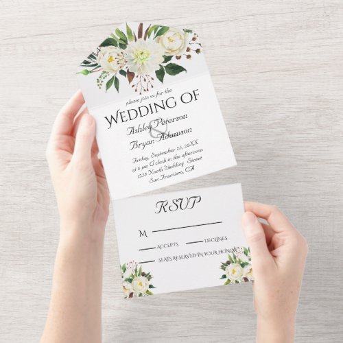 Elegant White Roses Wedding All In One Invitation