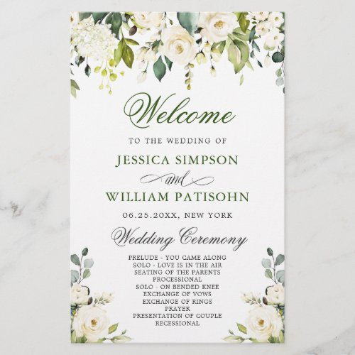 Elegant White Roses Wedding Ceremony Program