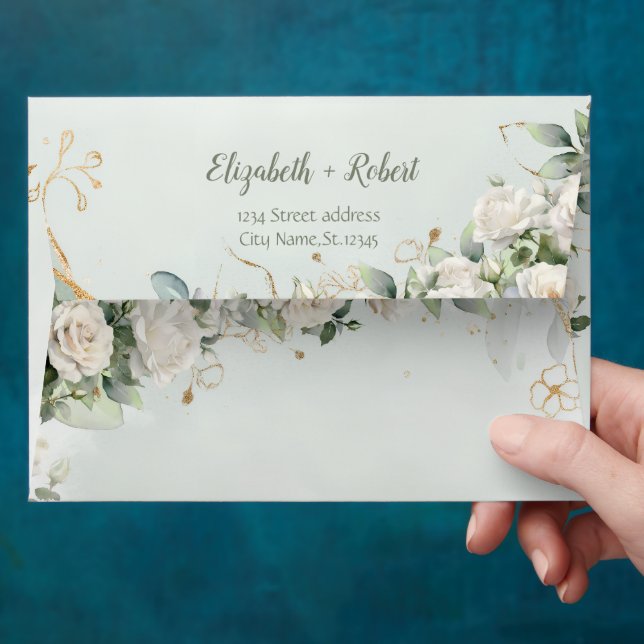 Elegant White Roses Wedding Envelope (Hand)