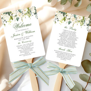 Elegant White Roses Wedding Program Hand Fan