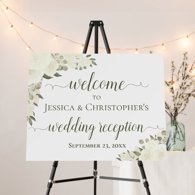 Elegant White Roses Wedding Reception Welcome Foam Board (In Situ (Stand))