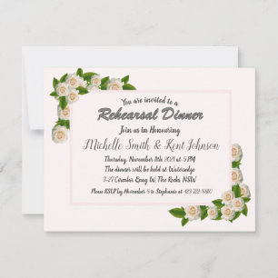 Elegant White Roses Wedding Rehearsal Dinner Invitation