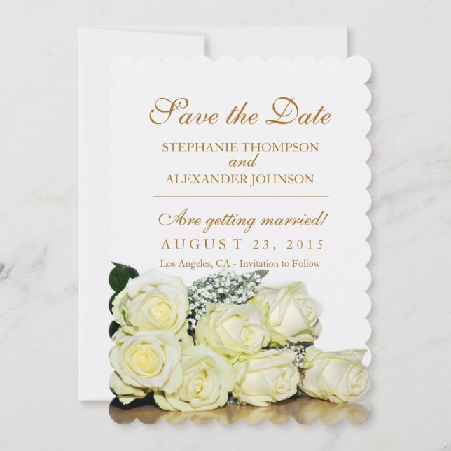 Elegant White Roses Wedding Save the Date Card (Front)