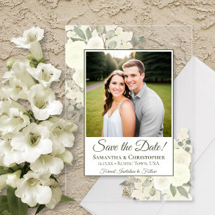 Elegant White Roses Wedding Save the Date Photo