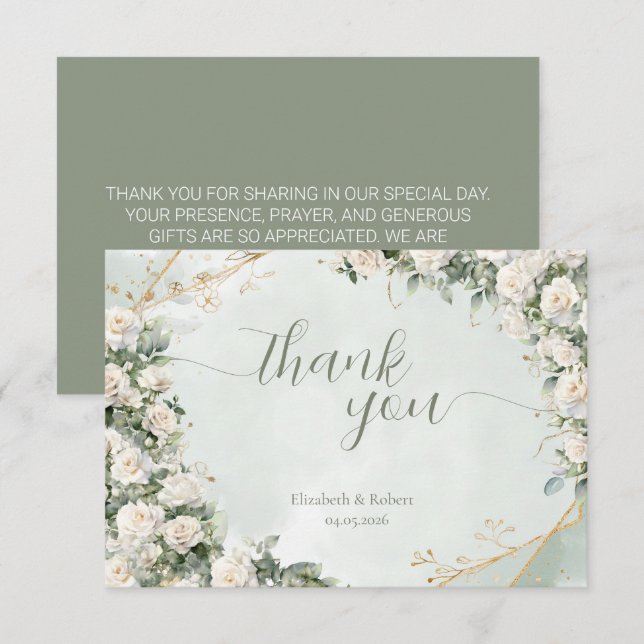 Elegant White Roses Wedding Thank You Card (Front/Back)