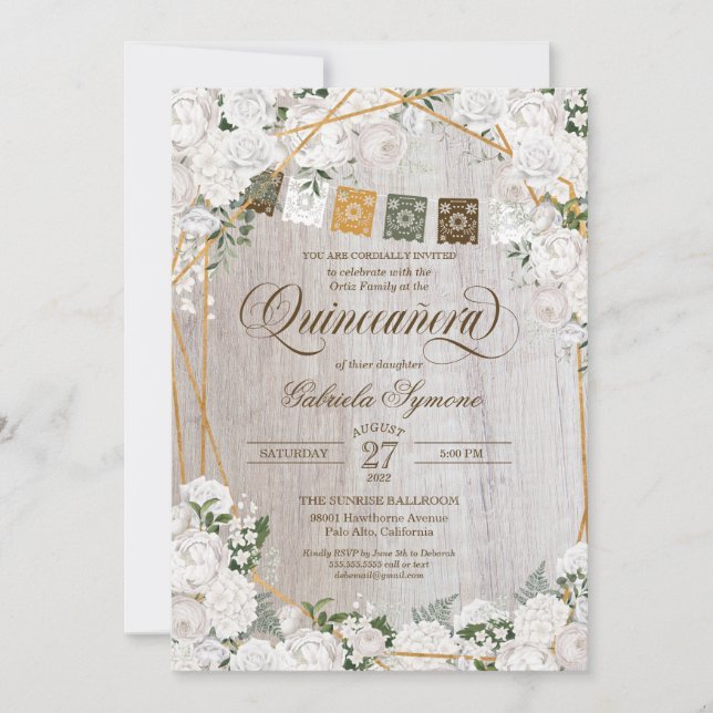 Elegant White Roses Western Rustic Quinceanera Inv Invitation (Front)
