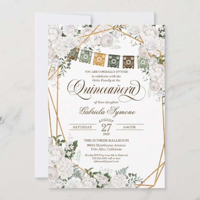 Elegant White Roses Western Rustic Quinceanera Invitation (Front)