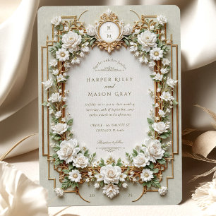 Elegant White Roses with Faux Gold Invitation