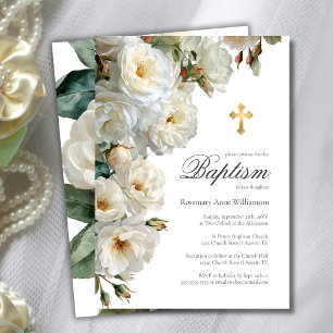 Elegant White Roses with Gold Cross Baptism Invitation