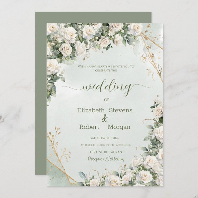 Elegant White Rosese Wedding Invitation (Front/Back)
