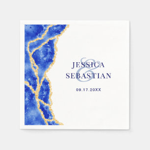 Elegant White Royal Blue and Gold Agate Wedding Napkins
