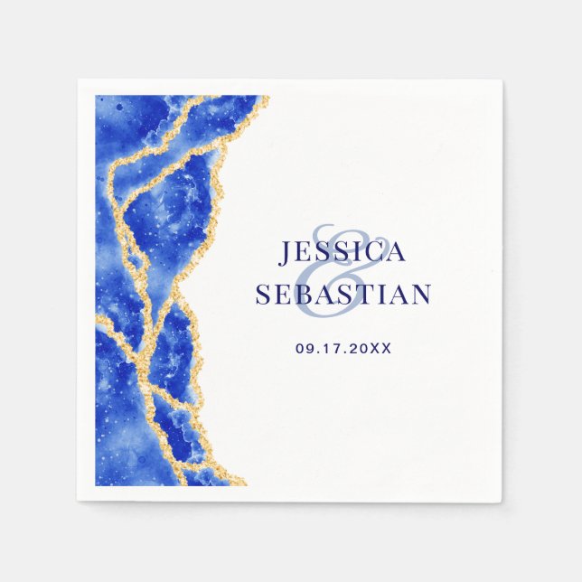 Elegant White Royal Blue and Gold Agate Wedding Napkins (Front)
