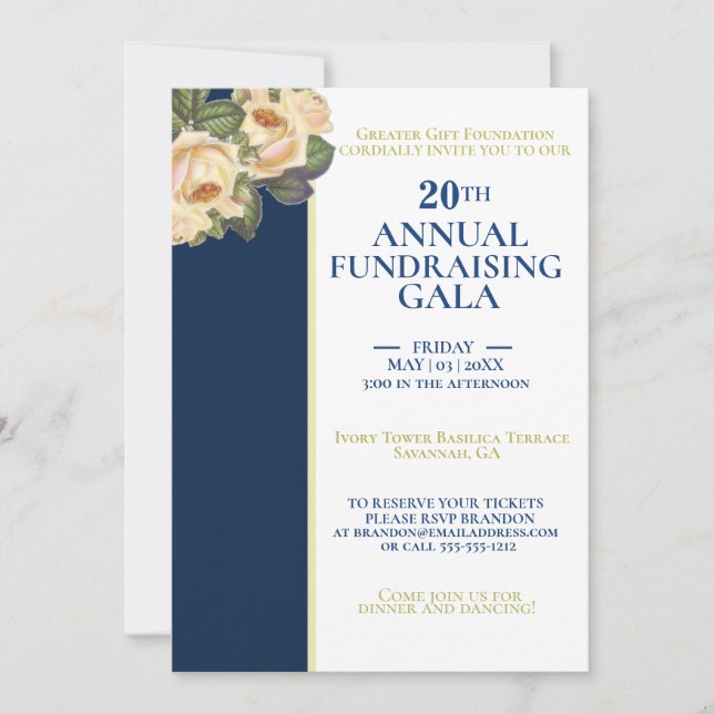 Elegant White & Royal Blue Annual fundraiser Gala Invitation (Front)