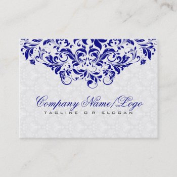 Elegant White & Royal Blue Damasks & Swirls Business Card by artOnWear at Zazzle