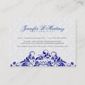 Elegant White & Royal Blue Damasks & Swirls Business Card (Back)
