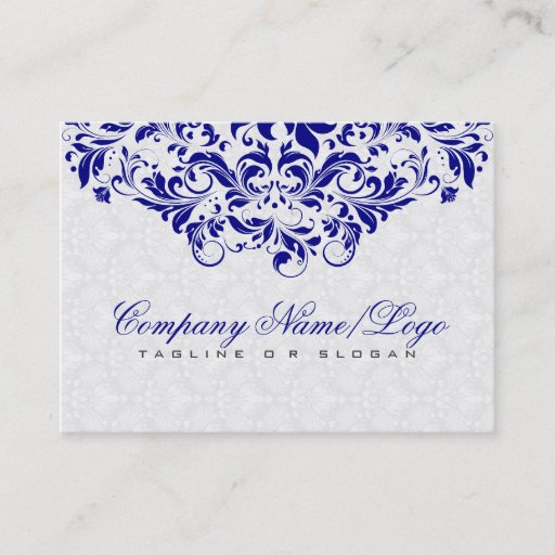 Customizable Elegant White &amp; Royal Blue Damasks &amp; Swirls Business Card Template