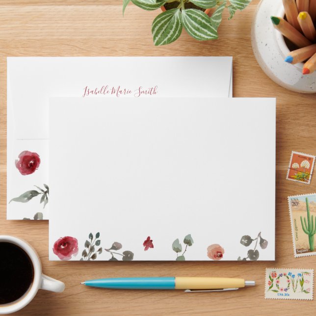Elegant White Sage & Burgundy Roses Invitation Envelope (Desk)