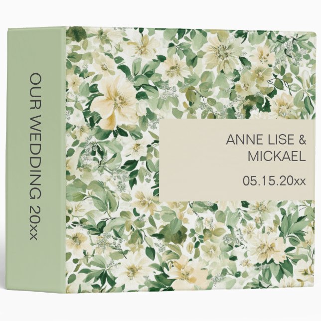 Elegant White Sage Floral Custom Wedding 3 Ring Binder (Front/Spine)