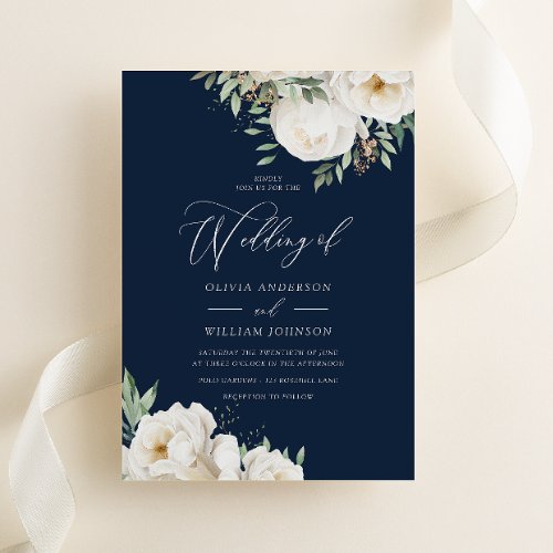 Elegant White  Sage Floral Navy Wedding Invitation