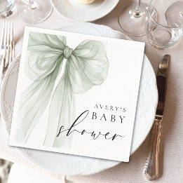 Elegant White Sage Green Bow Baby Shower Napkins