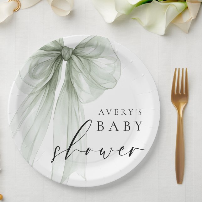 Elegant White Sage Green Bow Baby Shower Paper Plates (Creator Uploaded)